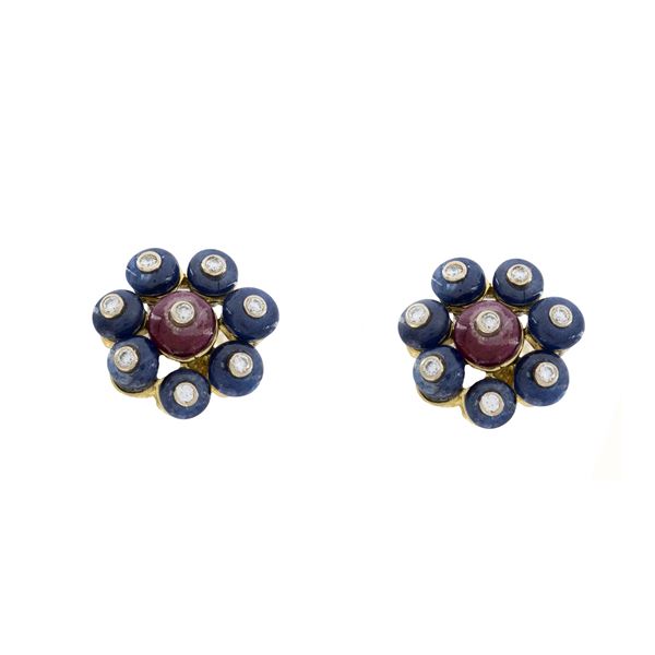 18kt yellow gold with sapphires and rubies flower lobe earrings