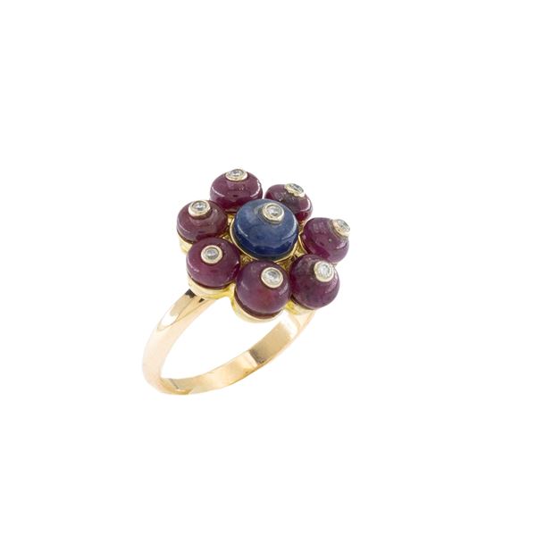 Anello fiore in oro giallo 18kt zaffiri e rubini