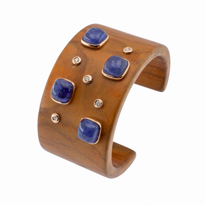 Bracciale a manetta in ebano tanzanite e diamanti