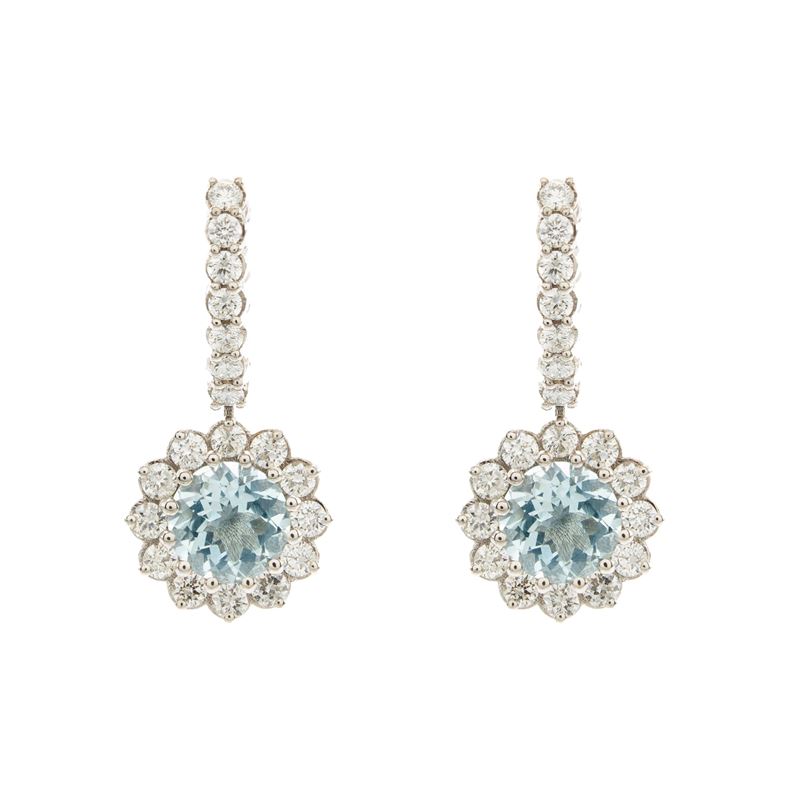 Orecchini Pendenti in Oro Bianco 18kt Acquamarine e Diamanti