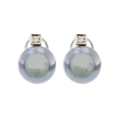 Orecchini a Lobo in Oro Bianco 18kt Perle Tahiti e Diamanti