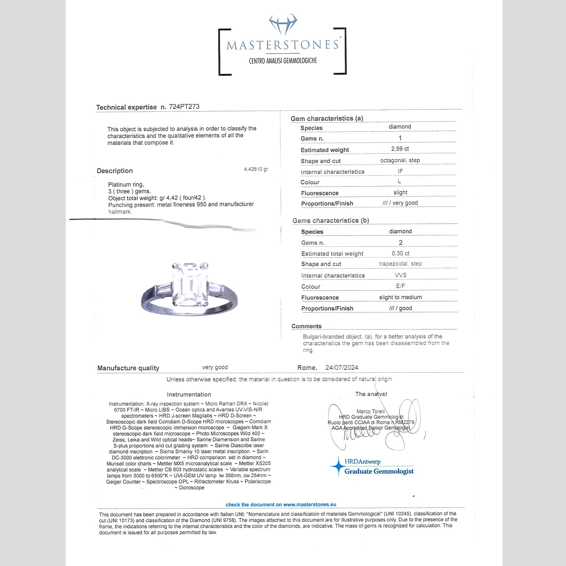 Bulgari anello in platino con diamante taglio ottagonale a gradini