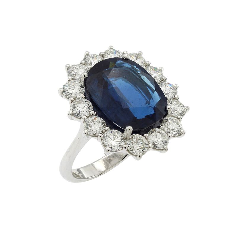 Anello in Oro Bianco 18kt Zaffiro Naturale e Diamanti