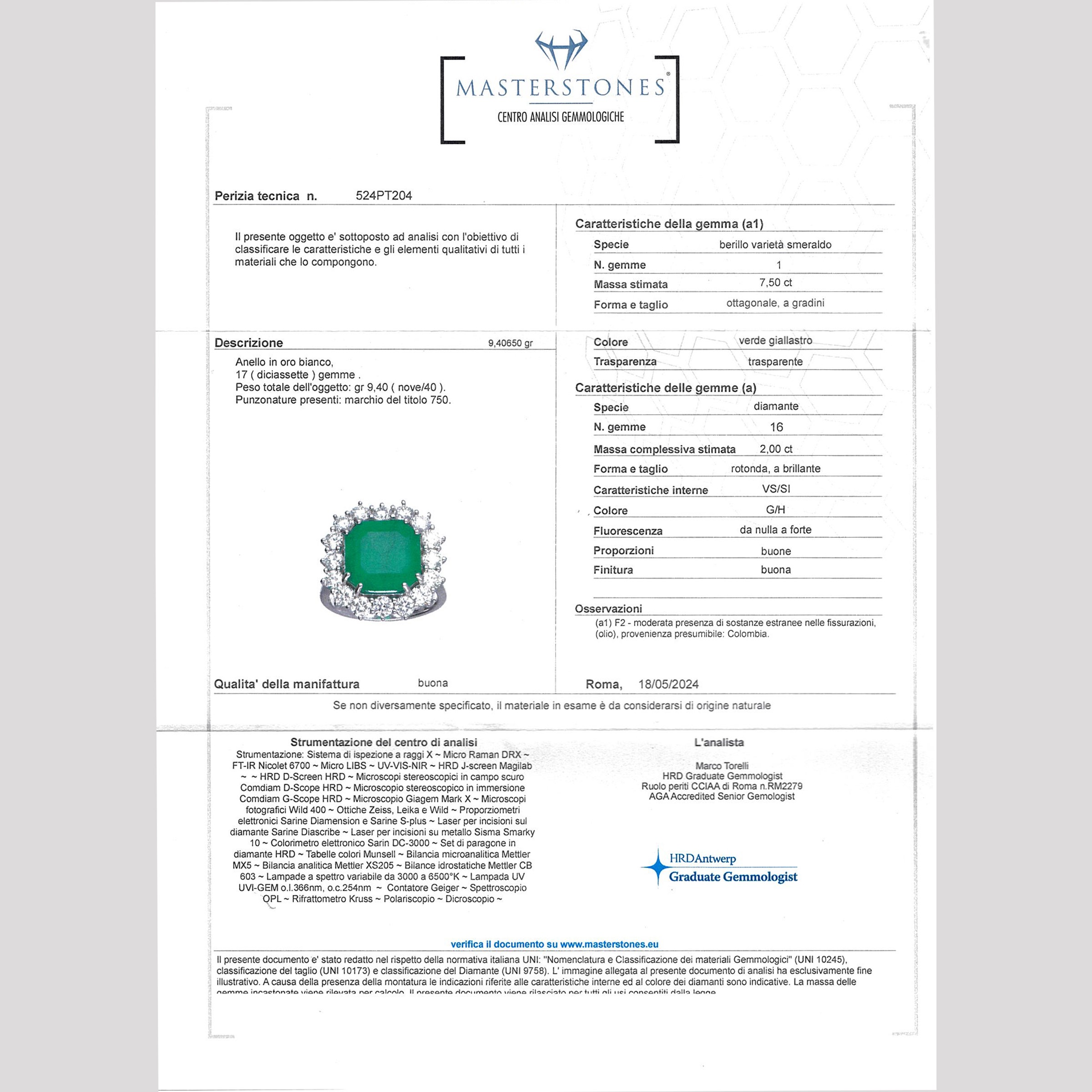 Anello in Oro Bianco 18kt con Smeraldo Naturale Colombiano