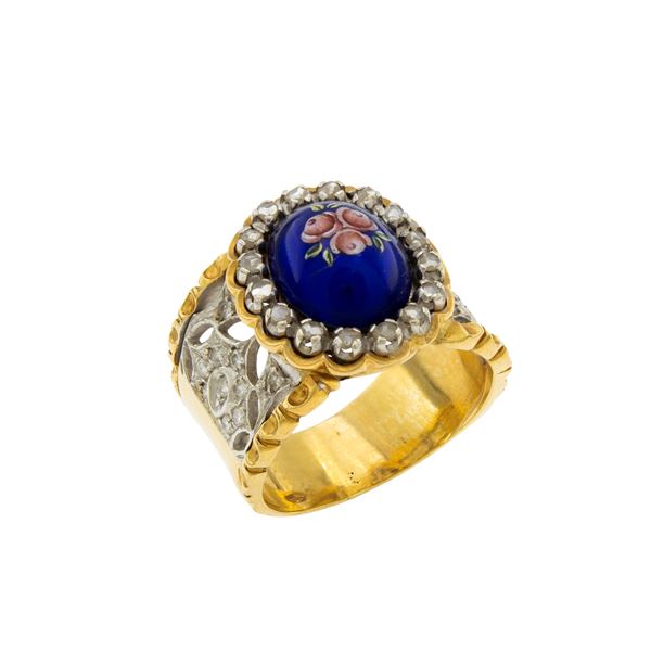 18kt yellow and white gold ring with polychrome enamel