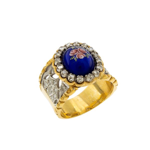 Anello in oro giallo e bianco 18kt con smalto policromo