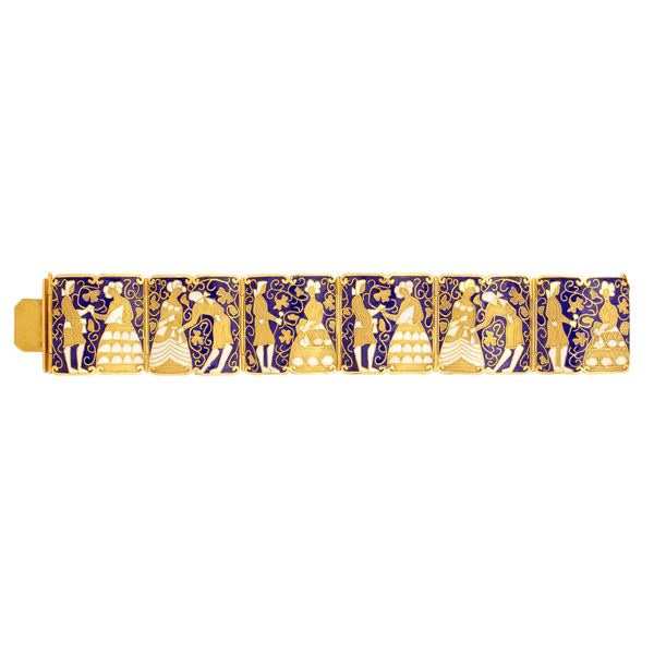 Bracciale in oro giallo 18kt e smalto bianco e blu