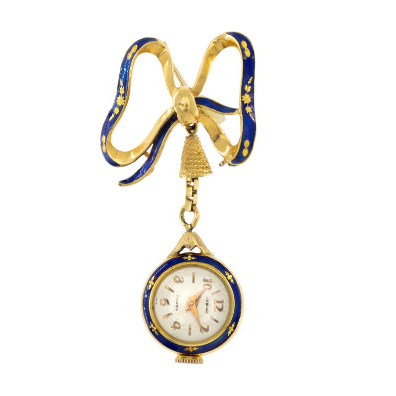 Spilla orologio pendente in oro giallo 18kt