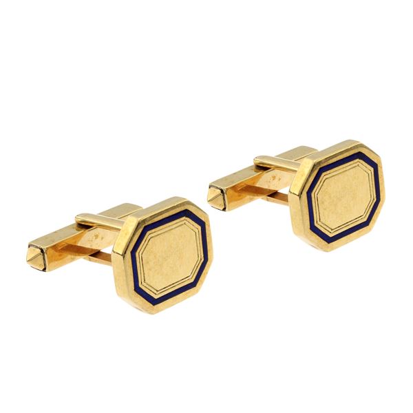 Gemelli ottagonali in oro giallo 18kt e smalto blu