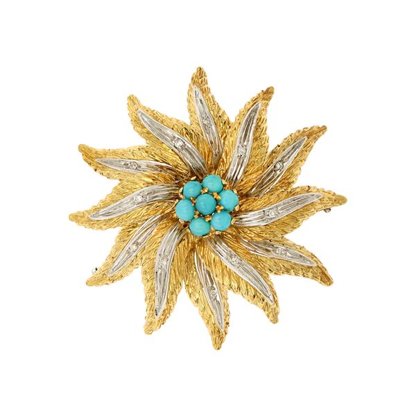 18kt two-color gold floral motif brooch