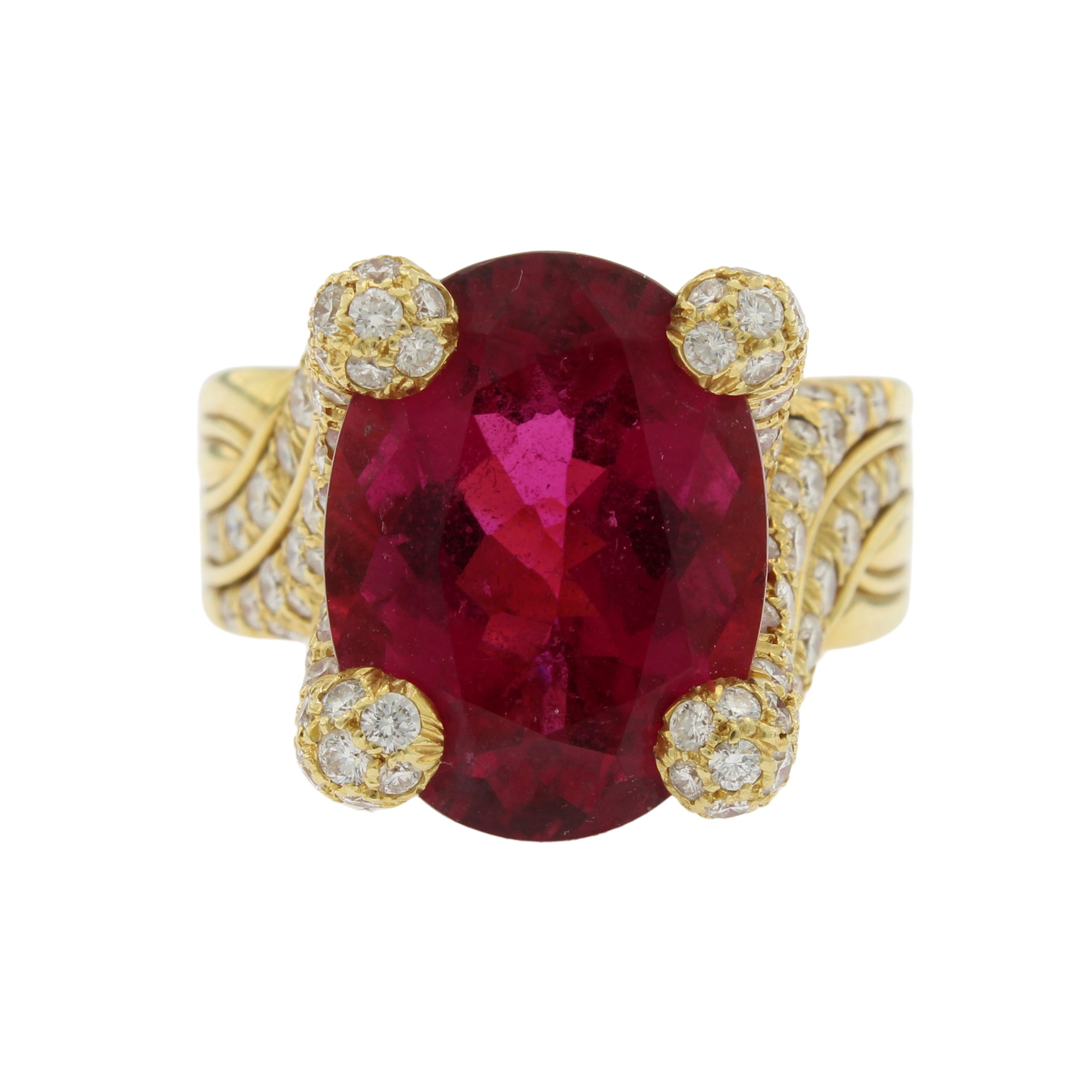 Anello in Oro Giallo 18kt Rubellite Naturale e Diamanti