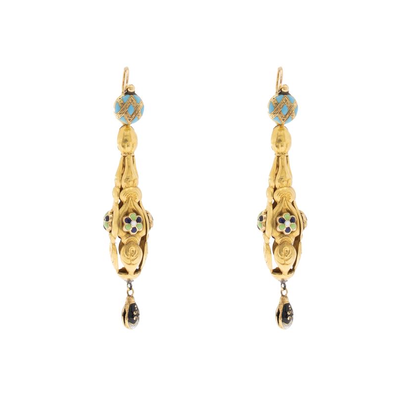 Orecchini borbonici in oro basso e smalto policromo