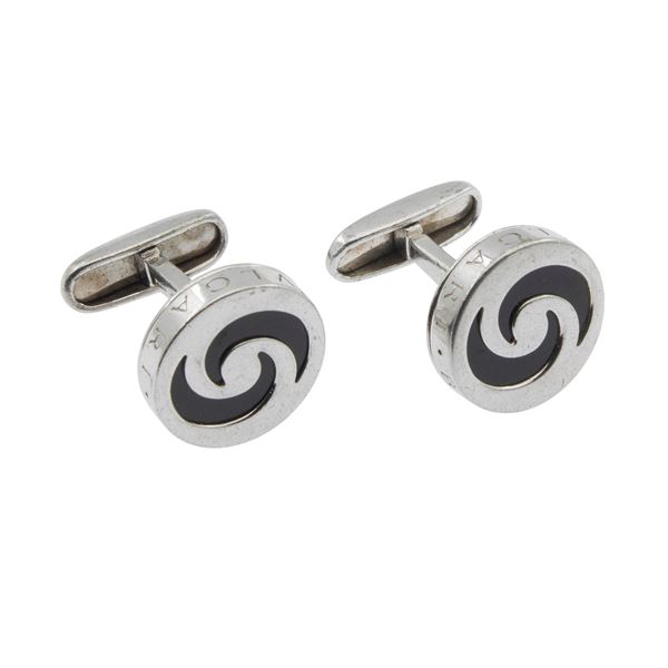 Bulgari 925 silver and black onyx round cufflinks