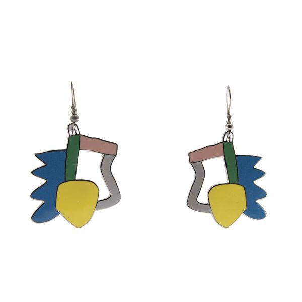 Sottsass vintage earrings in silver metal and polychrome enamel