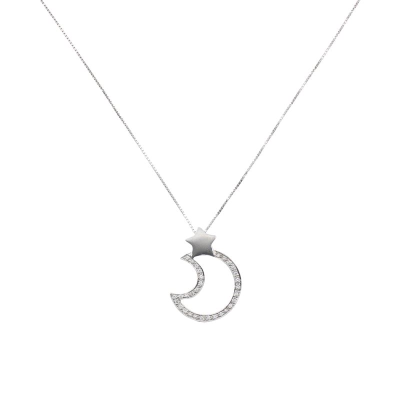 Pendente Luna con stella in oro bianco 18kt e diamanti