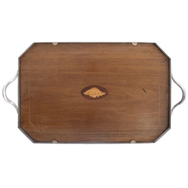 Vassoio in metallo argentato e legno a due manici