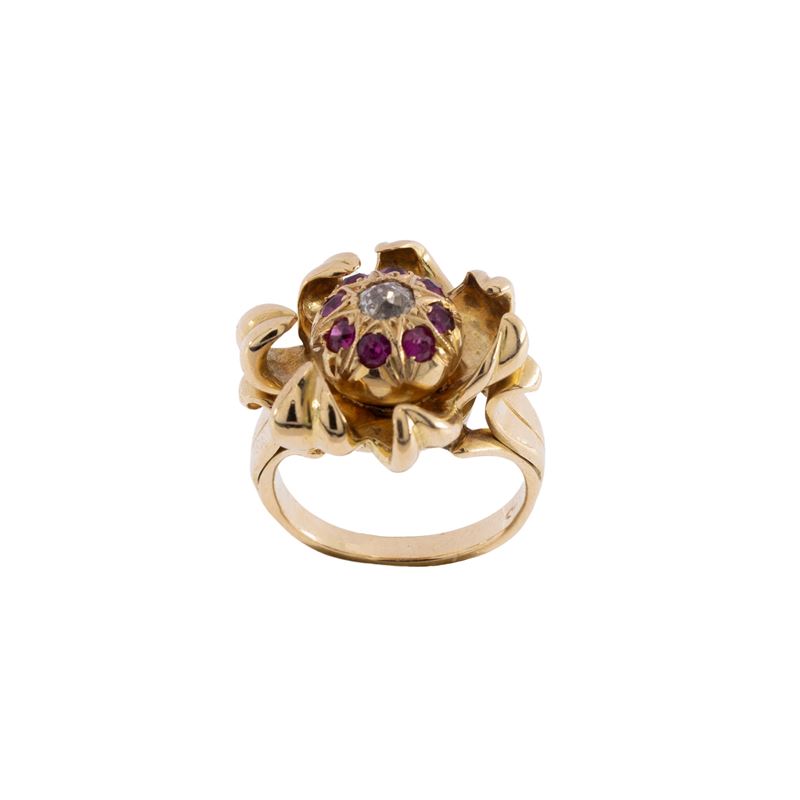 Anello Fiore in Oro Giallo 18kt Diamante e Rubini