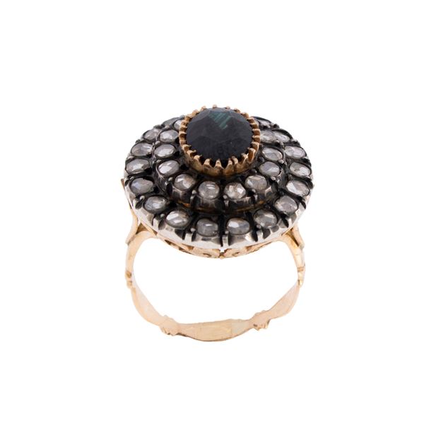 Ancient yellow gold, sapphire, silver and diamond roses ring