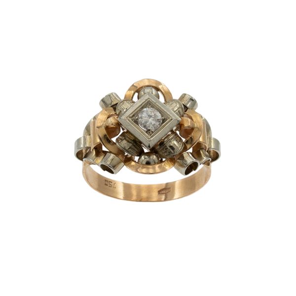 Antico anello in oro giallo e bianco 18kt e diamante
