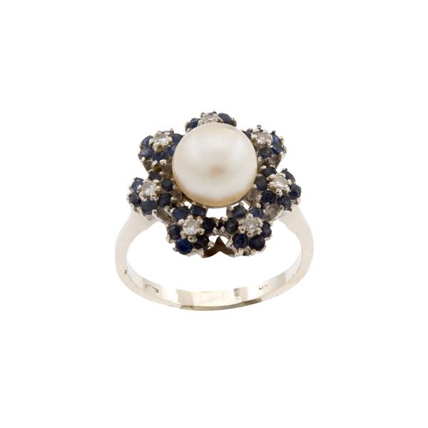 Anello in oro bianco 18kt perla zaffiri e diamanti