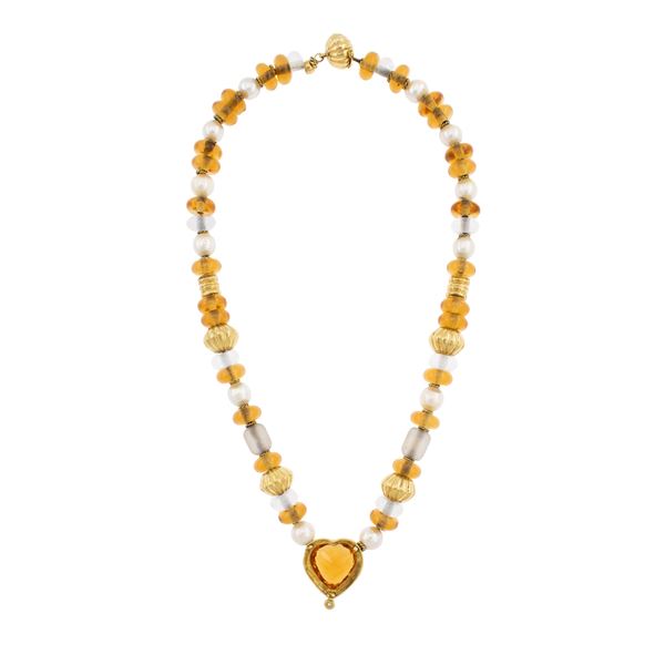 Collana in oro giallo 18kt quarzi citrini, cristallo di rocca e perle coltivate