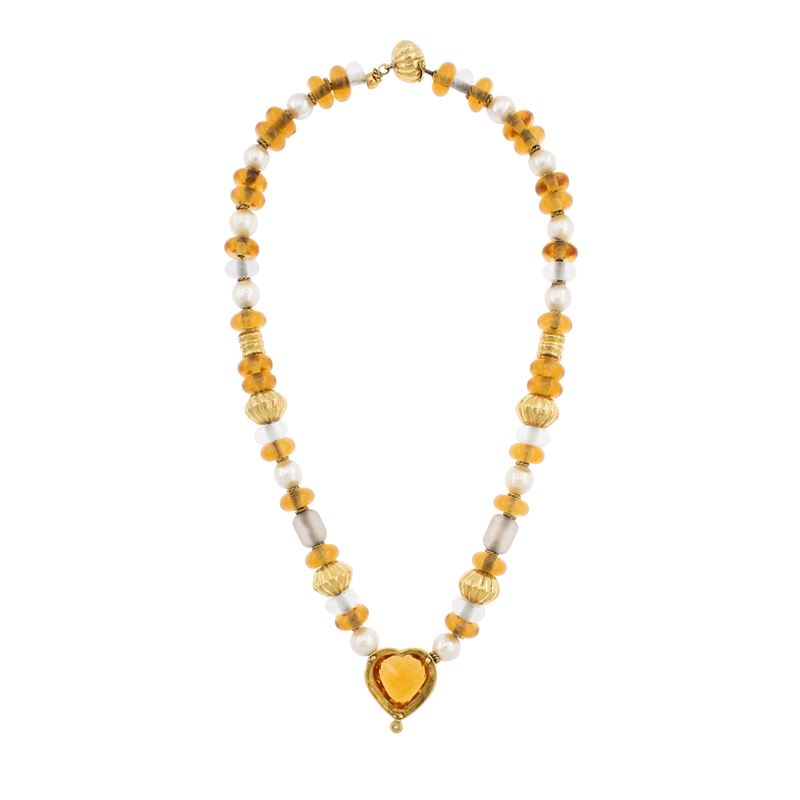 Collana in Oro Giallo 18kt Quarzi Citrini, Cristallo di Rocca e Perle Coltivate