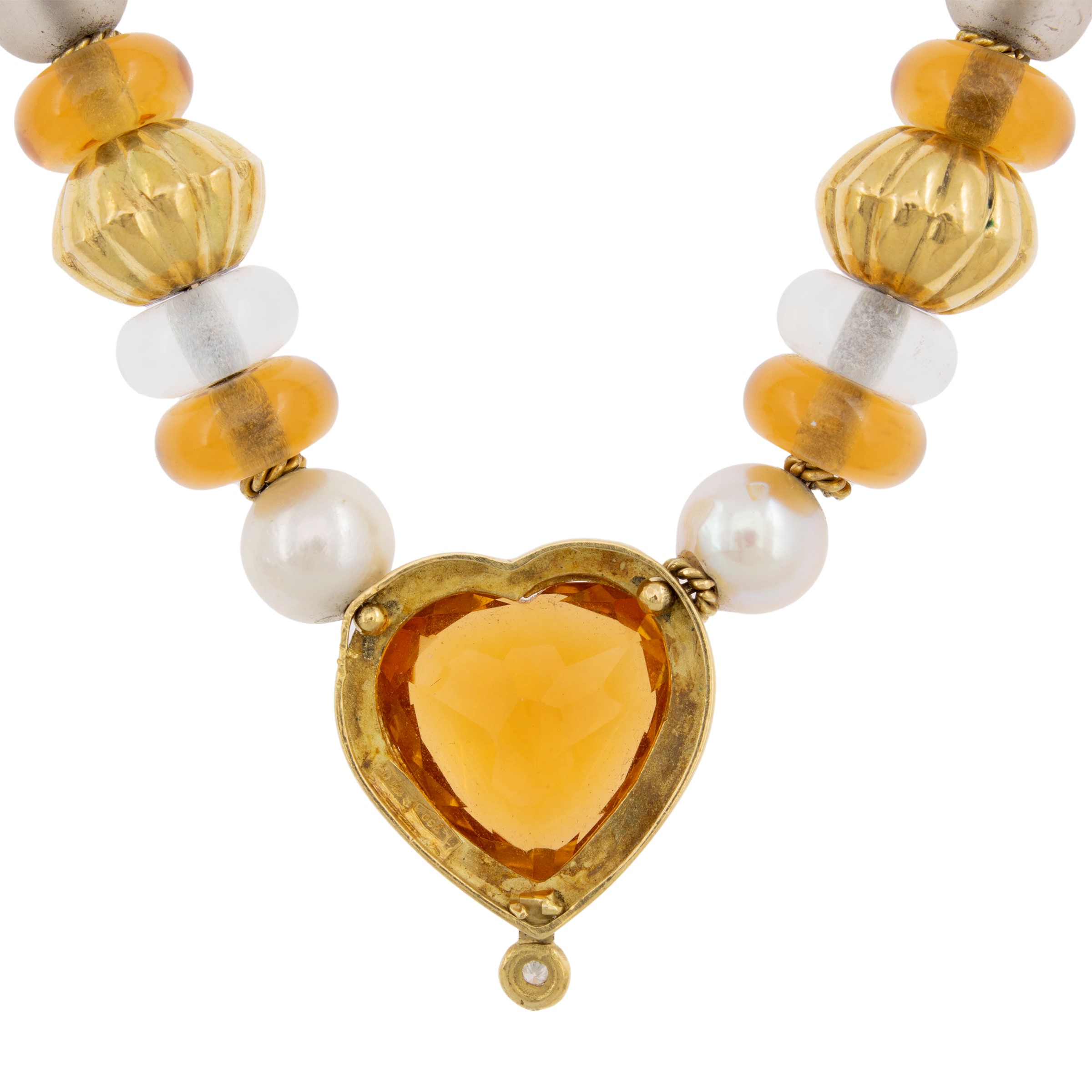 Collana in oro giallo 18kt quarzi citrini, cristallo di rocca e perle coltivate