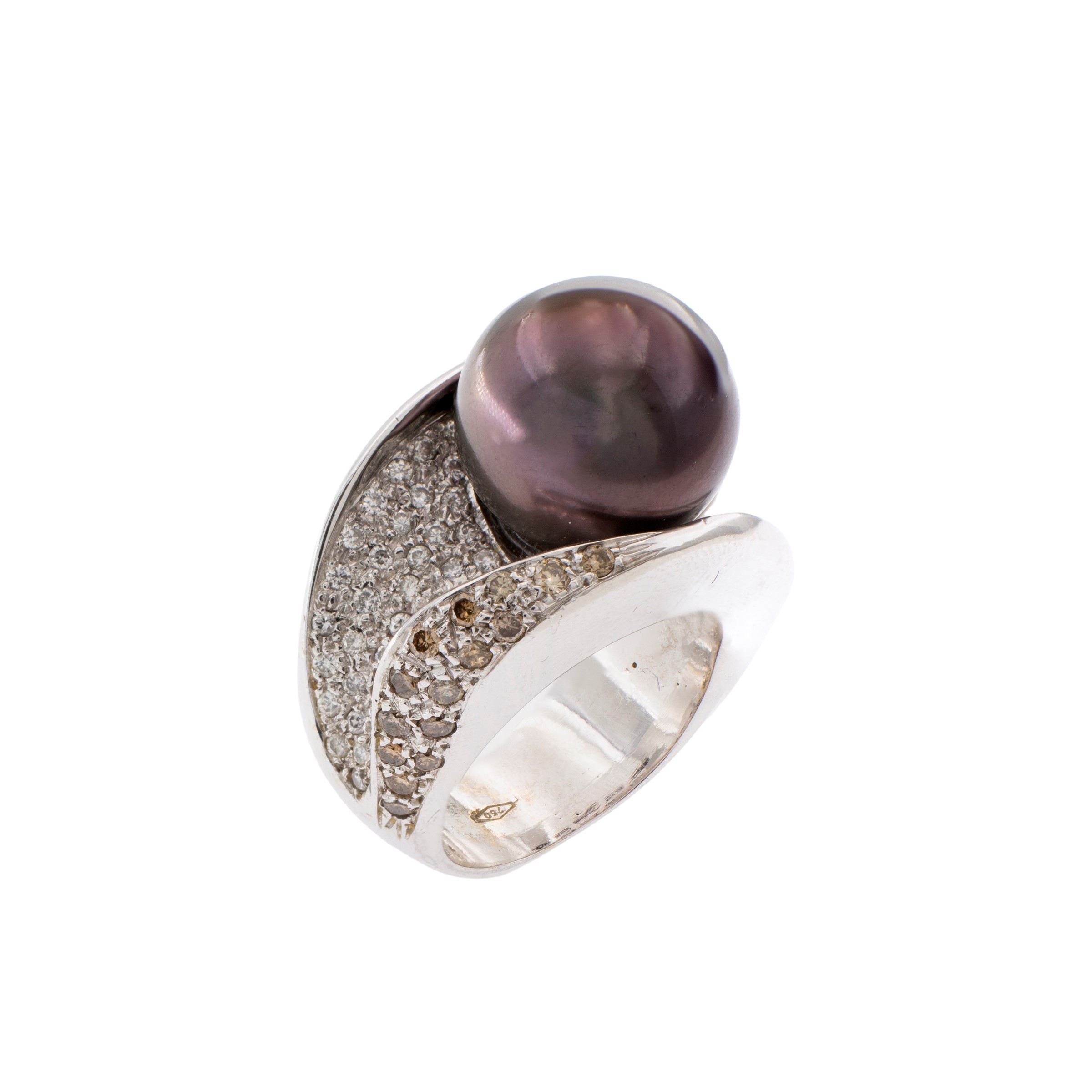 Anello in oro bianco 18kt perla Tahiti e diamanti