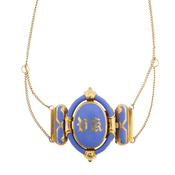 Antica collana in oro giallo 18kt e centrale decorato con smalto policromo