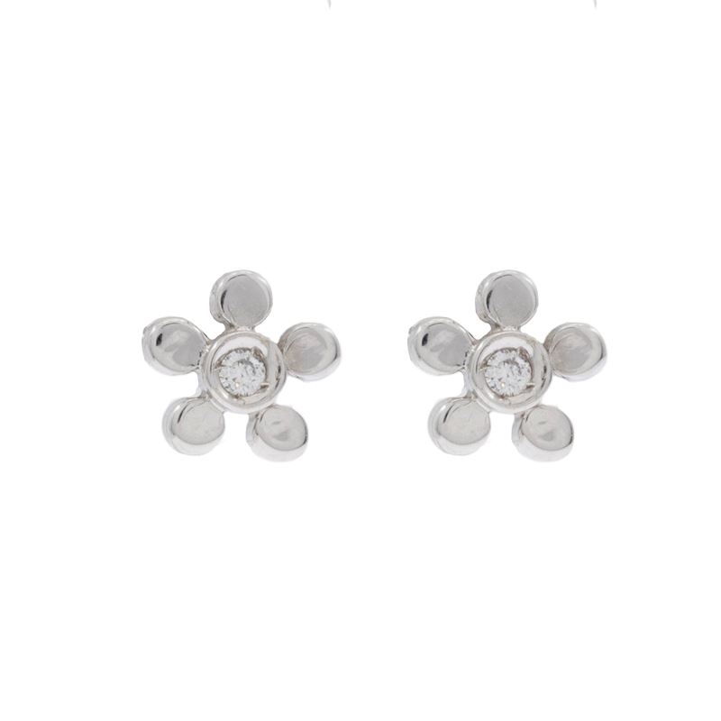 Orecchini a Lobo Fiori in Oro Bianco 18kt e Due Diamanti
