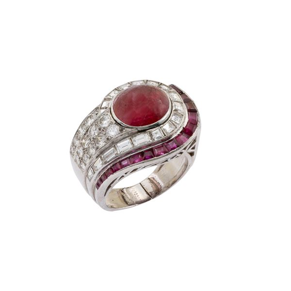 Platinum ring with natural ruby and diamonds
