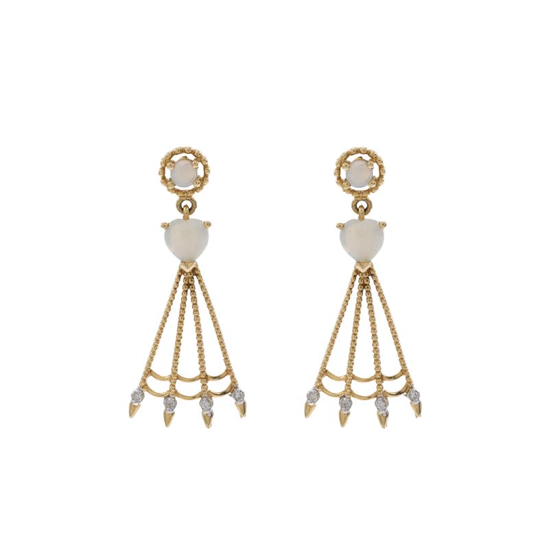 Orecchini pendenti in oro giallo 18kt opali arlecchino e diamanti