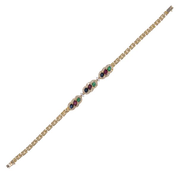 Bracciale in oro giallo 14kt rubini, zaffiri, smeraldi e diamanti