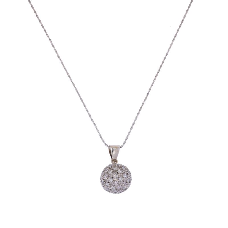 Collana con Sfera Pendente in Oro Bianco 18kt e Diamanti