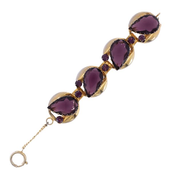 Bracciale bijou vintage in metallo dorato e paste vitree