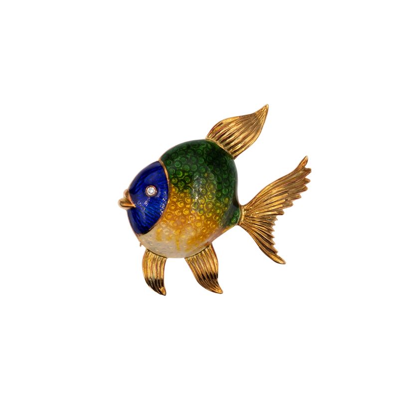 Spilla pesce in oro giallo 18kt e smalto policromo