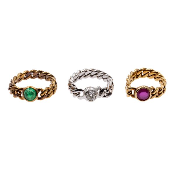Tre anelli a maglia groumette in oro a tre colori 18kt