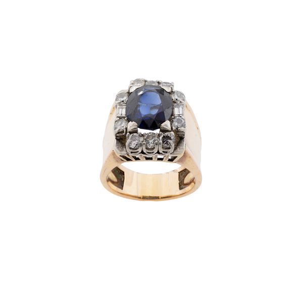 Anello in oro giallo e bianco 18 kt zaffiro sintetico e diamanti
