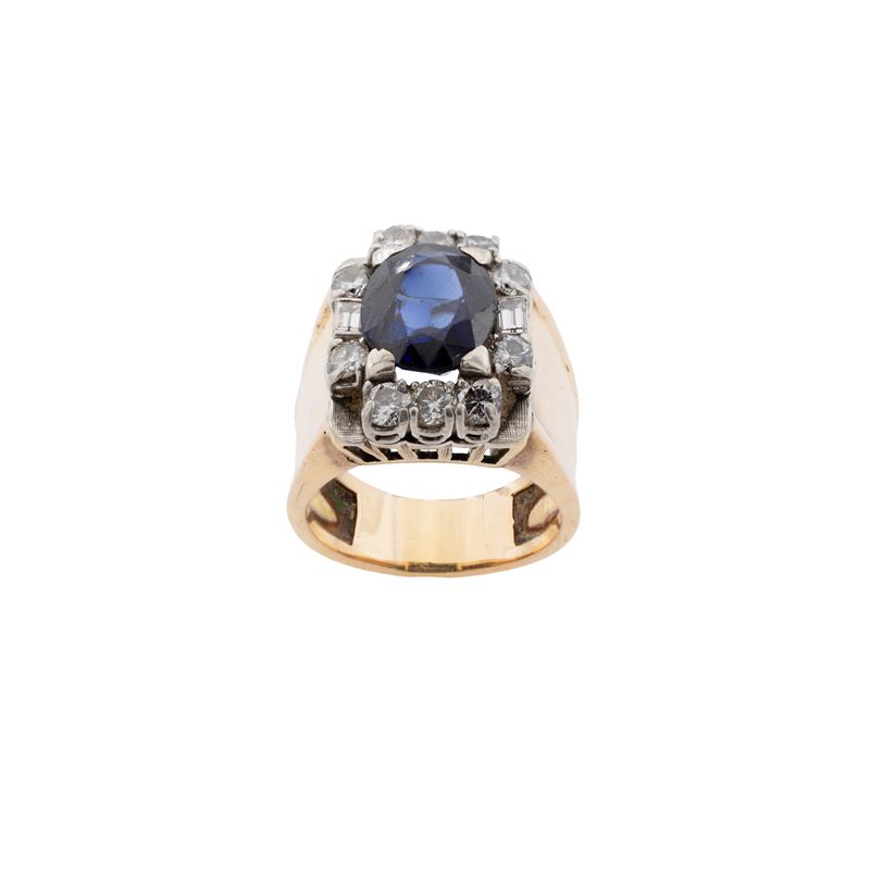 Anello in Oro Giallo e Bianco 18 Kt Zaffiro Sintetico e Diamanti