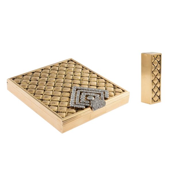 Trousse portacipria e portarossetto in oro giallo 18kt con diamanti