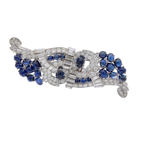 Platinum, diamonds and sapphires double clips brooch