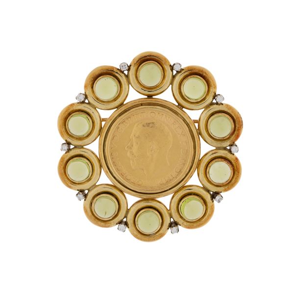 Spilla con sterlina in oro giallo 18kt peridoti e diamanti