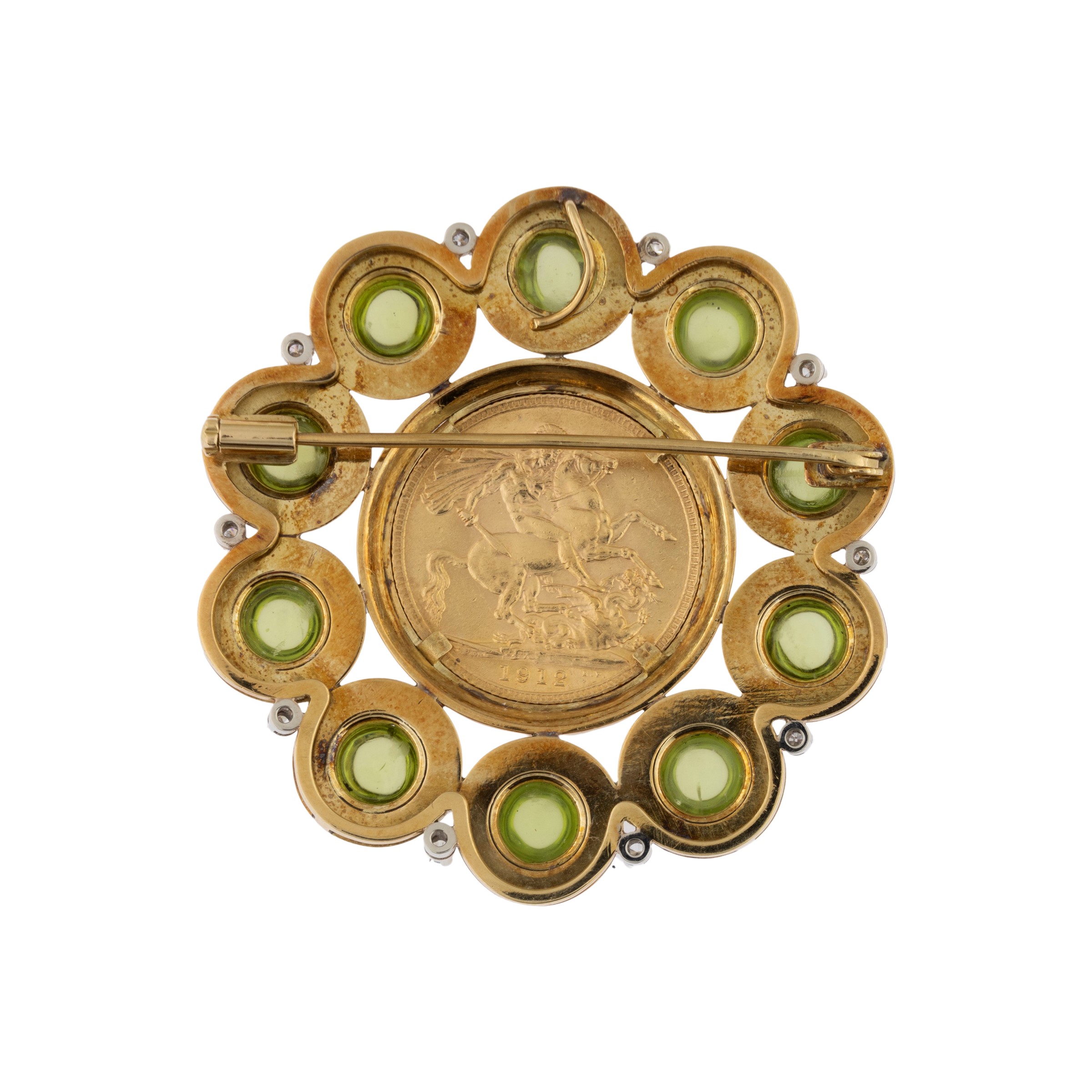 Spilla con Sterlina in Oro Giallo 18kt Peridoti e Diamanti