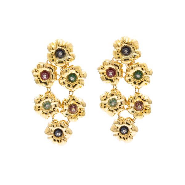 Orecchini pendenti fiori in oro giallo 18kt