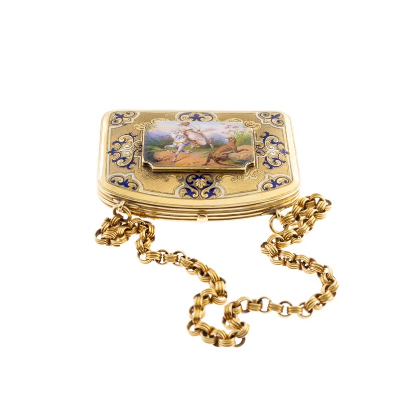 Bourse chatelaine in oro giallo 18kt e smalto policromo