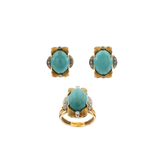 Demi parure in oro giallo e bianco 18kt turchesi naturali  (anni 50/60)  - Asta Gioielli e Orologi - Colasanti Casa d'Aste