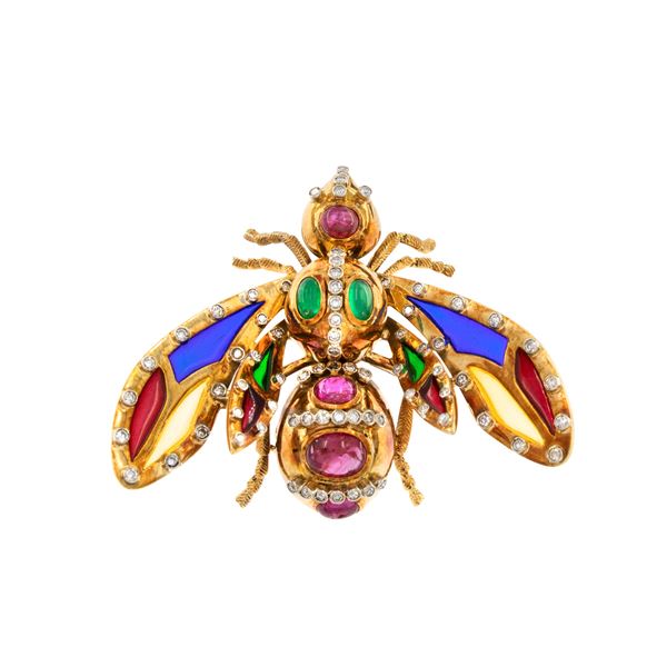 18kt yellow gold and pliqué a jour polychrome enamel animalier brooch
