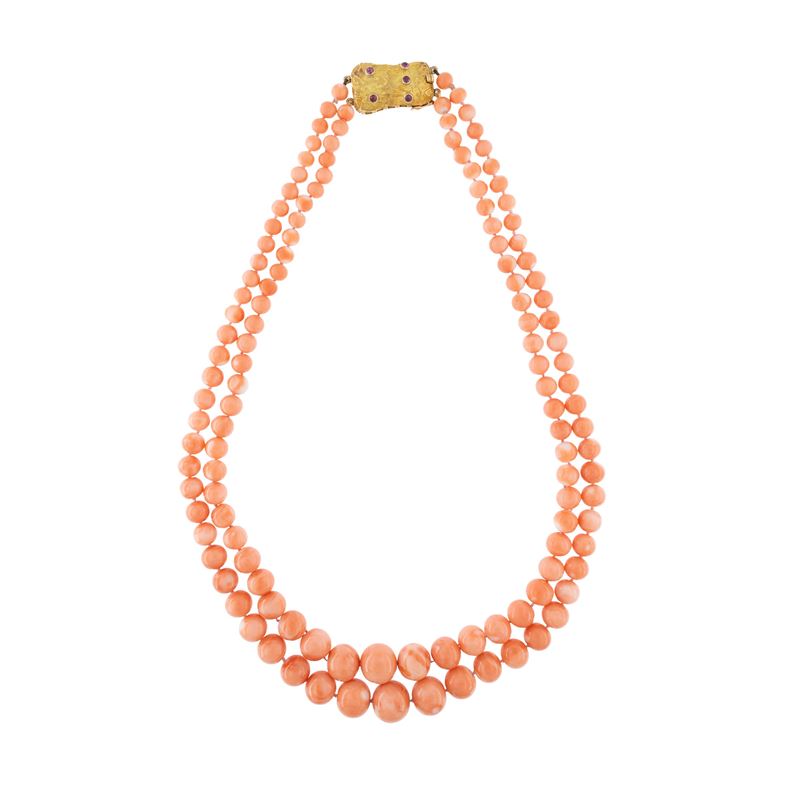 Collana a Due Fili di Sfere in Corallo Rosa