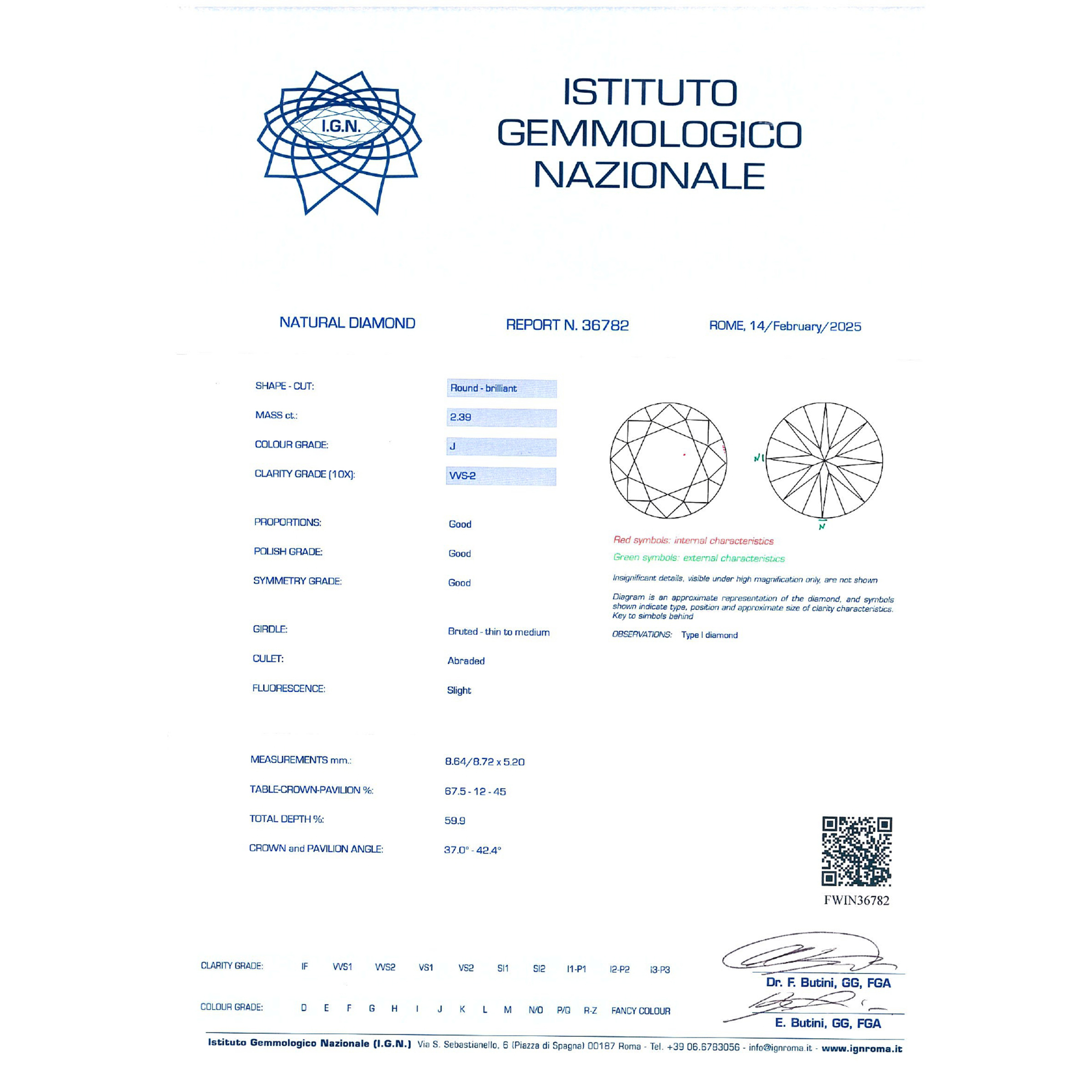 Diamante Naturale Sciolto Taglio Brillante Ct 2,39