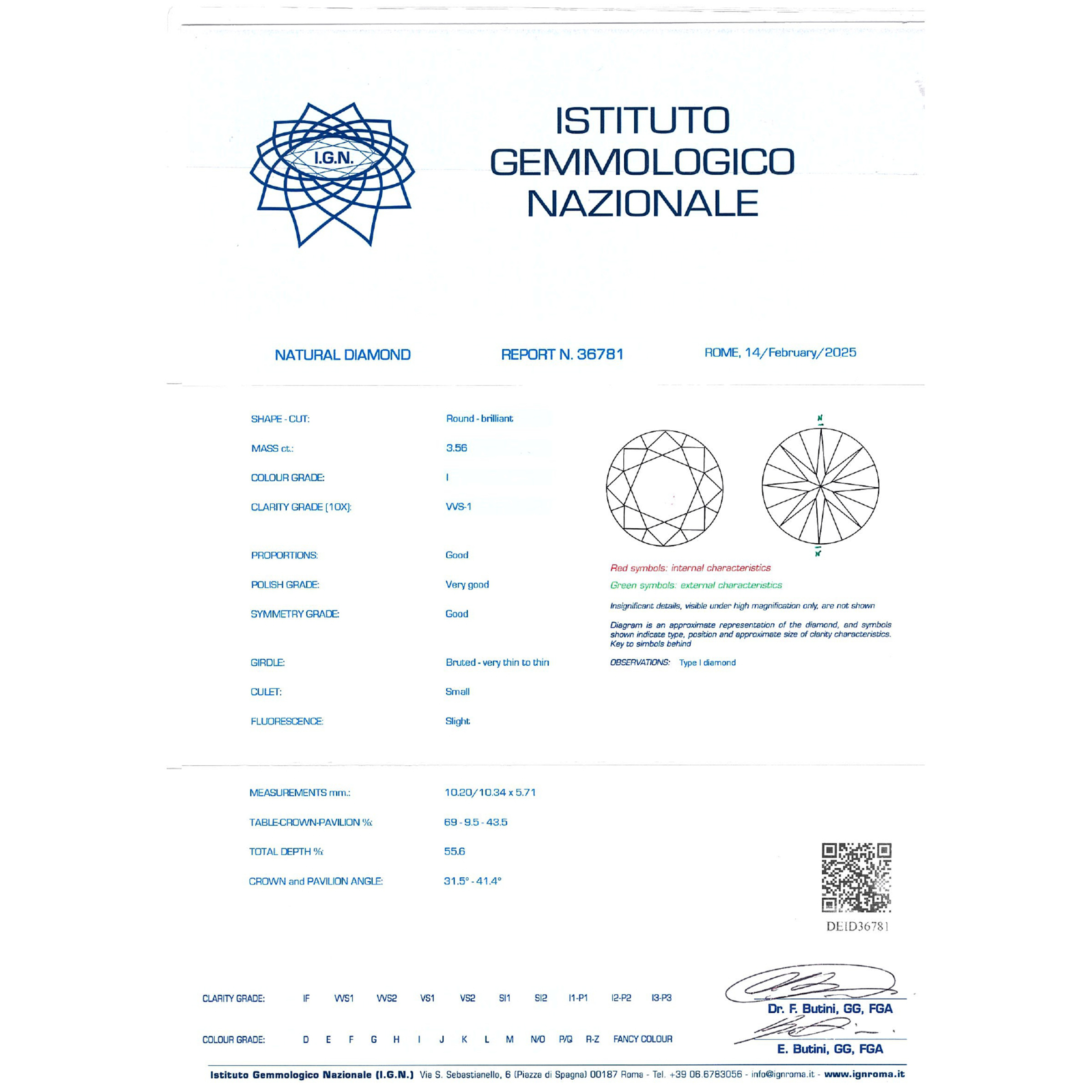 Diamante Naturale Sciolto Taglio Brillante Ct 3,56
